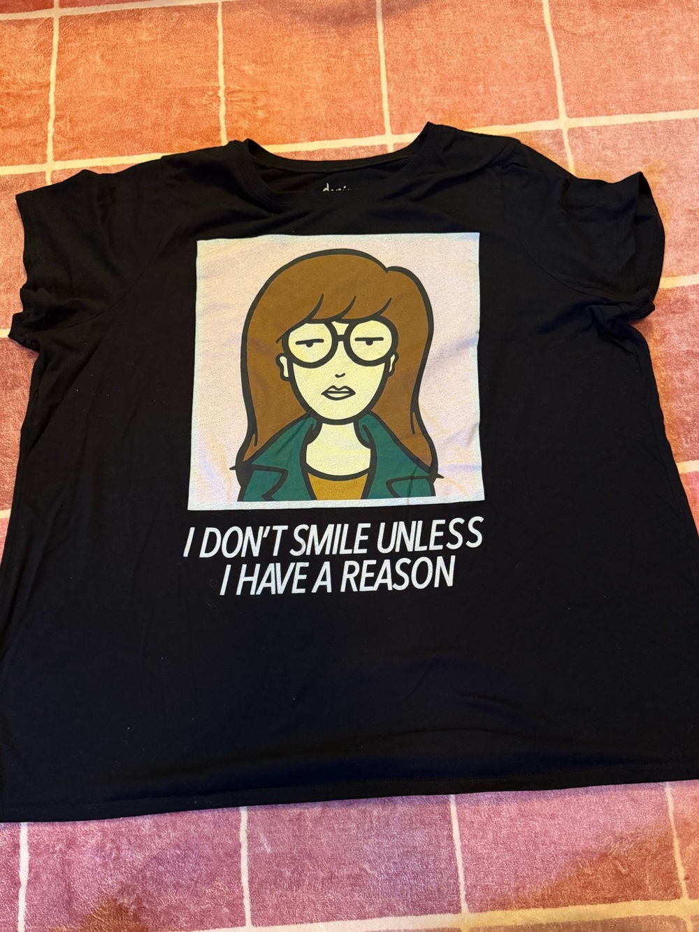 Daria MTV Black Tee with Cartoon Woman Graphic and White Slogan